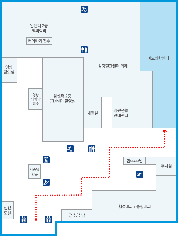 엘리베이터에서 내리면 전방 우측면 방향 혈액내과 및 종양내과 옆 비뇨의학센터 이동